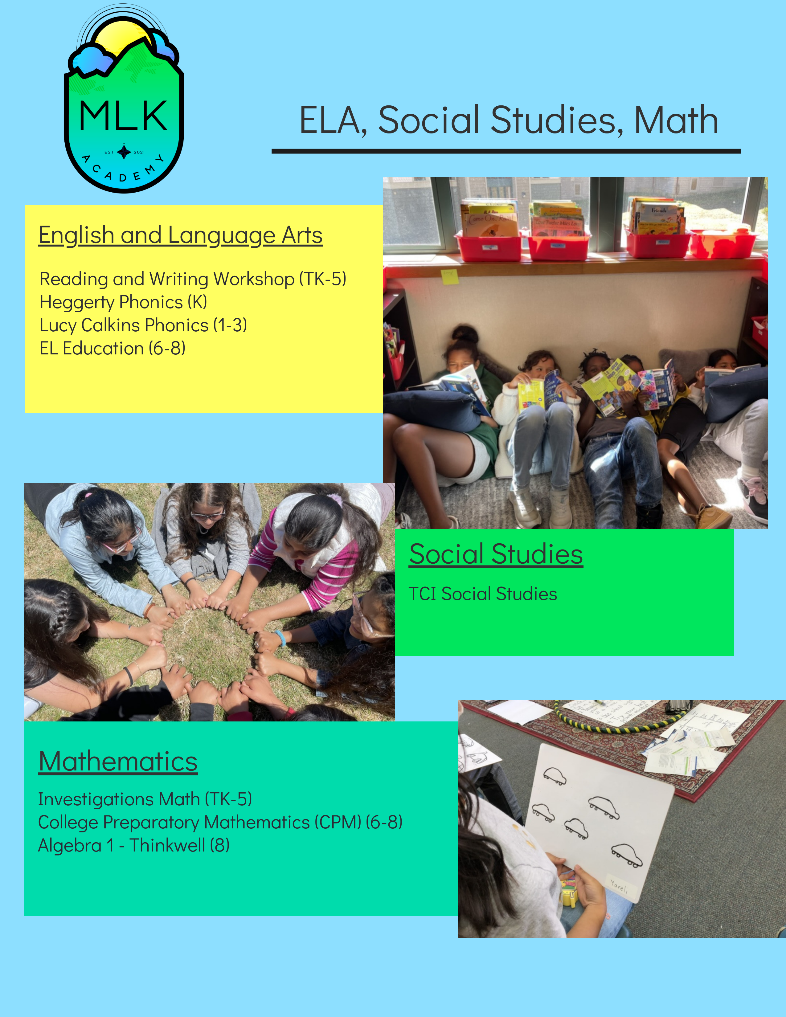 ELA, Social Studies, Math. English Language Arts Curriculum:  Reading and Writing Workshop (TK-5), Heggerty Phonics (K), Lucy Calkins Phonics (1-3), EL Education (6-8)  Social Studies/History Curriculum:  TCI (1-8)  Mathematics Curriculum:  Investigations Math (TK-5), College Preparatory Mathematics (CPM) (6-8), Algebra 1 - Thinkwell (8)