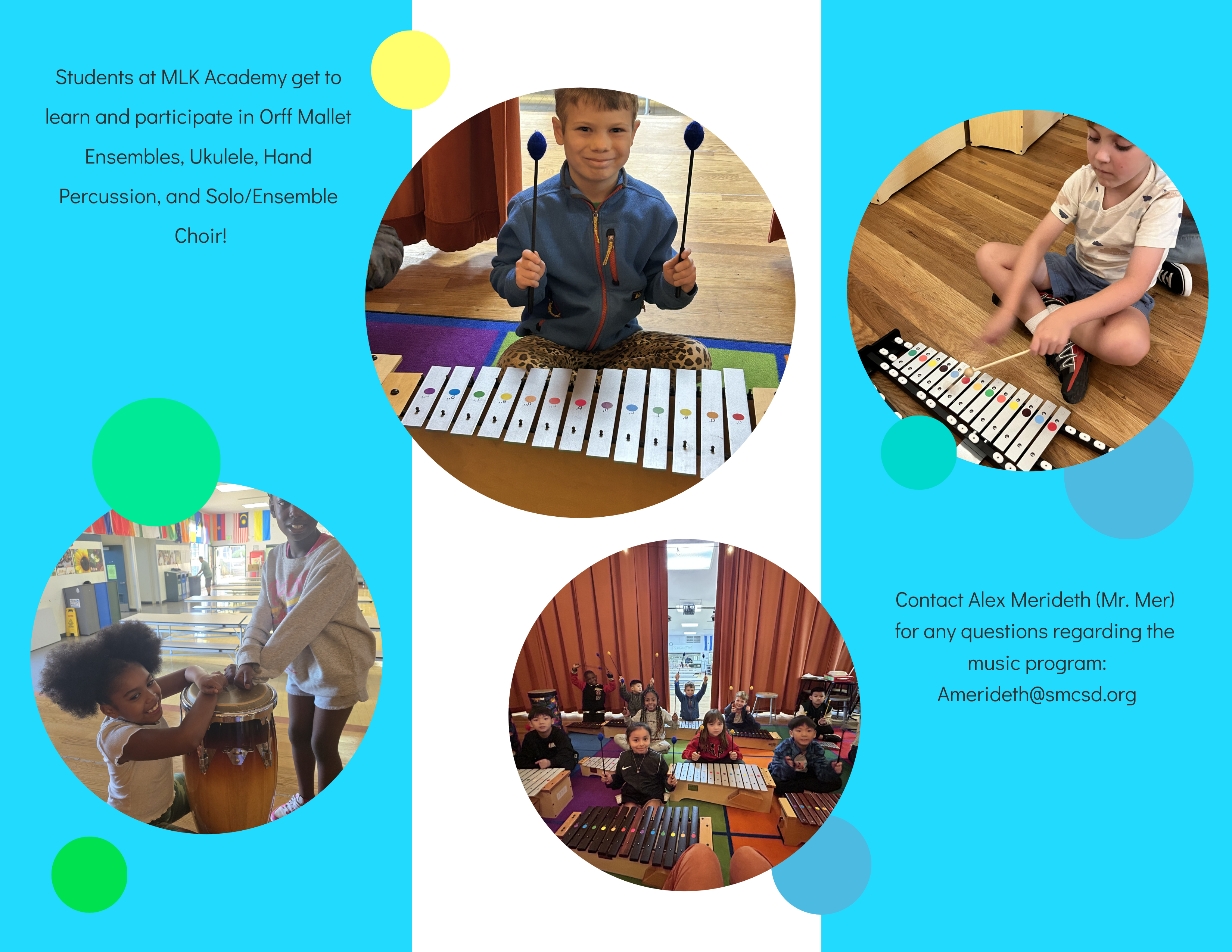 Students at MLK Academy get to learn and participate in Orff Mallet Ensembles, Ukulele, Hand Percussion, and Solo/Ensemble Choir. Contact Alex Merideth (Mr. Mer) for any questions regarding the music program:  Amerideth@smcsd.org 