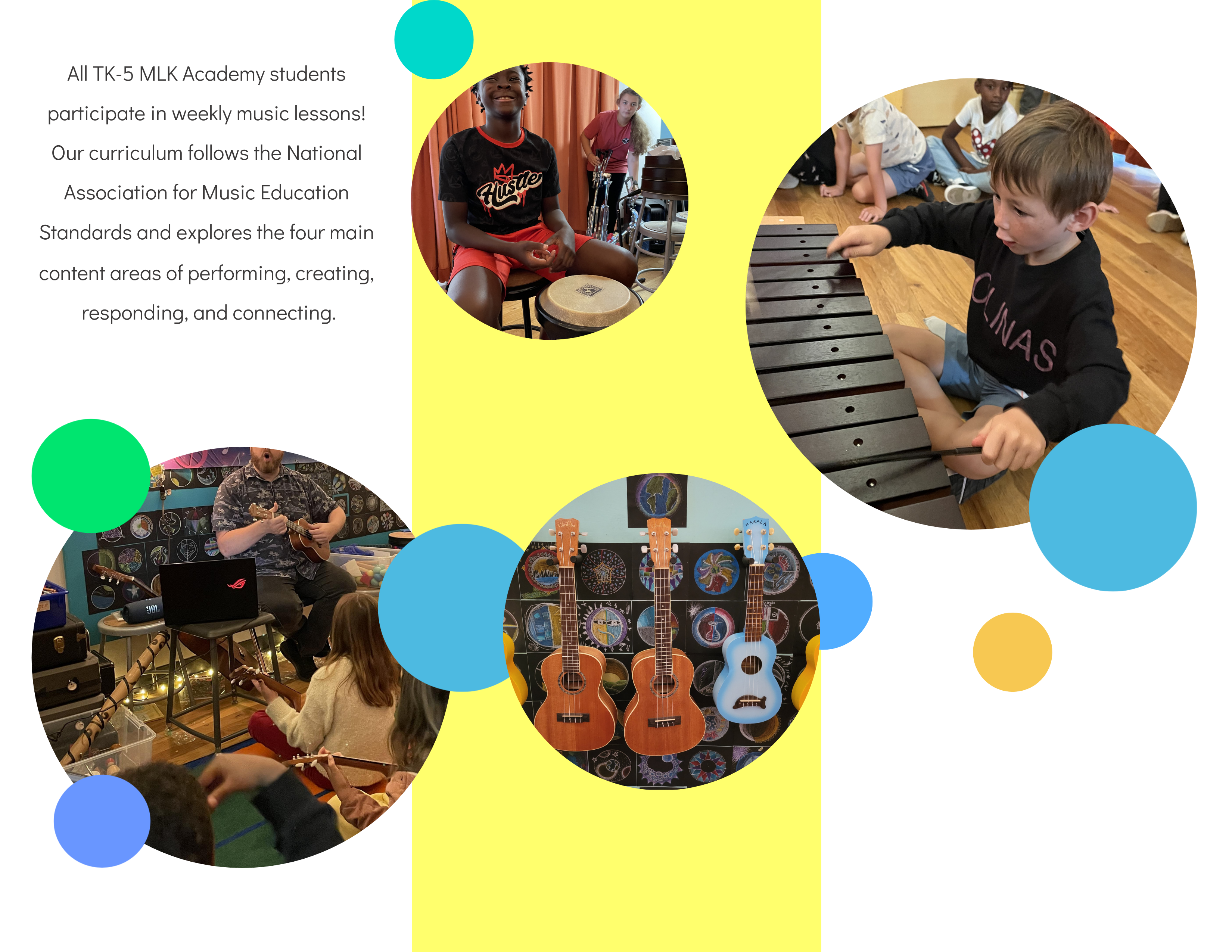 All TK-5 MLK Academy students participate in weekly music lessons! Our curriculum follows the National Association for Music Education Standards and explores the four main content areas of performing, creating, responding, and connecting.